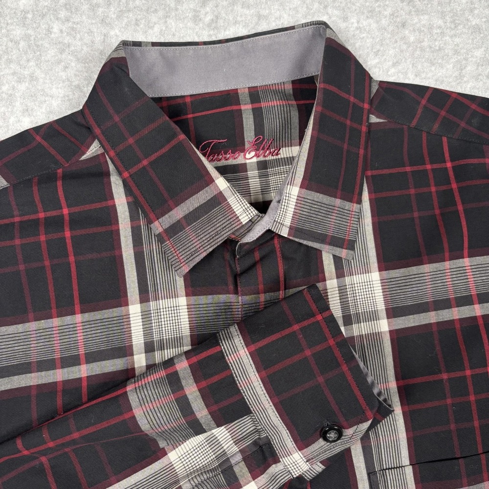 Tasso Elba Shirt Mens L Red Black Gray Plaid Long Sleeve Button Up Cotton